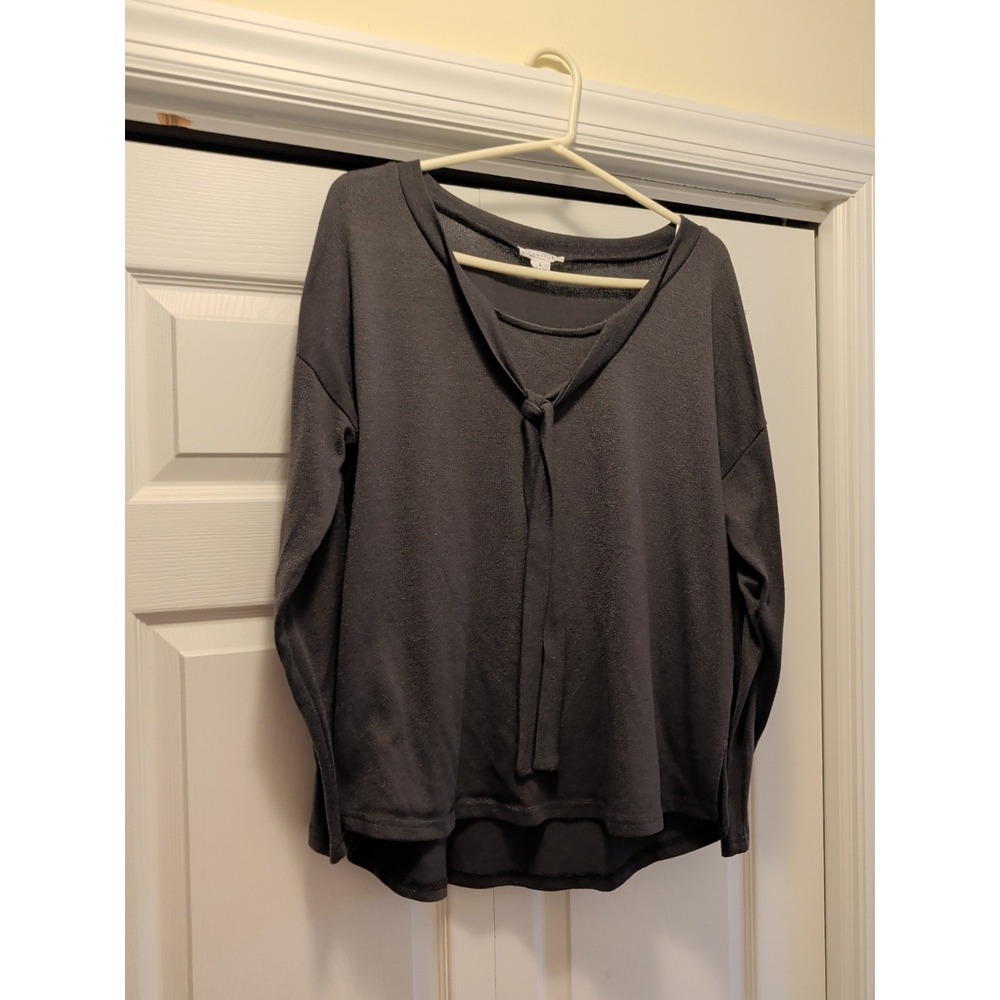 Loveriche Women's Large Grey Ribbed Tie Front Pullover Top Mixed Media Hi-Low